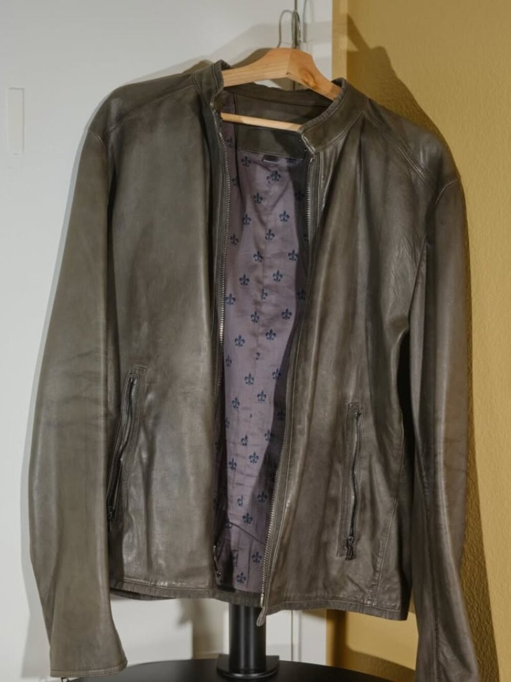 John Varvatos Gray 100% Lambskin Leather Moto Jacket Size 54 XL